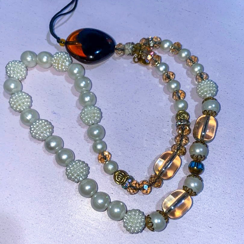 Ivory Faceted Crystal and Pearl Mobile Phone Wrist Strap Charm