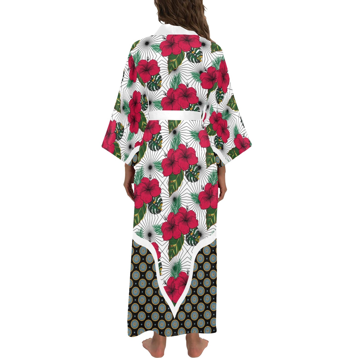 Queen Vee White Hibiscus Women's Long Kimono Robe