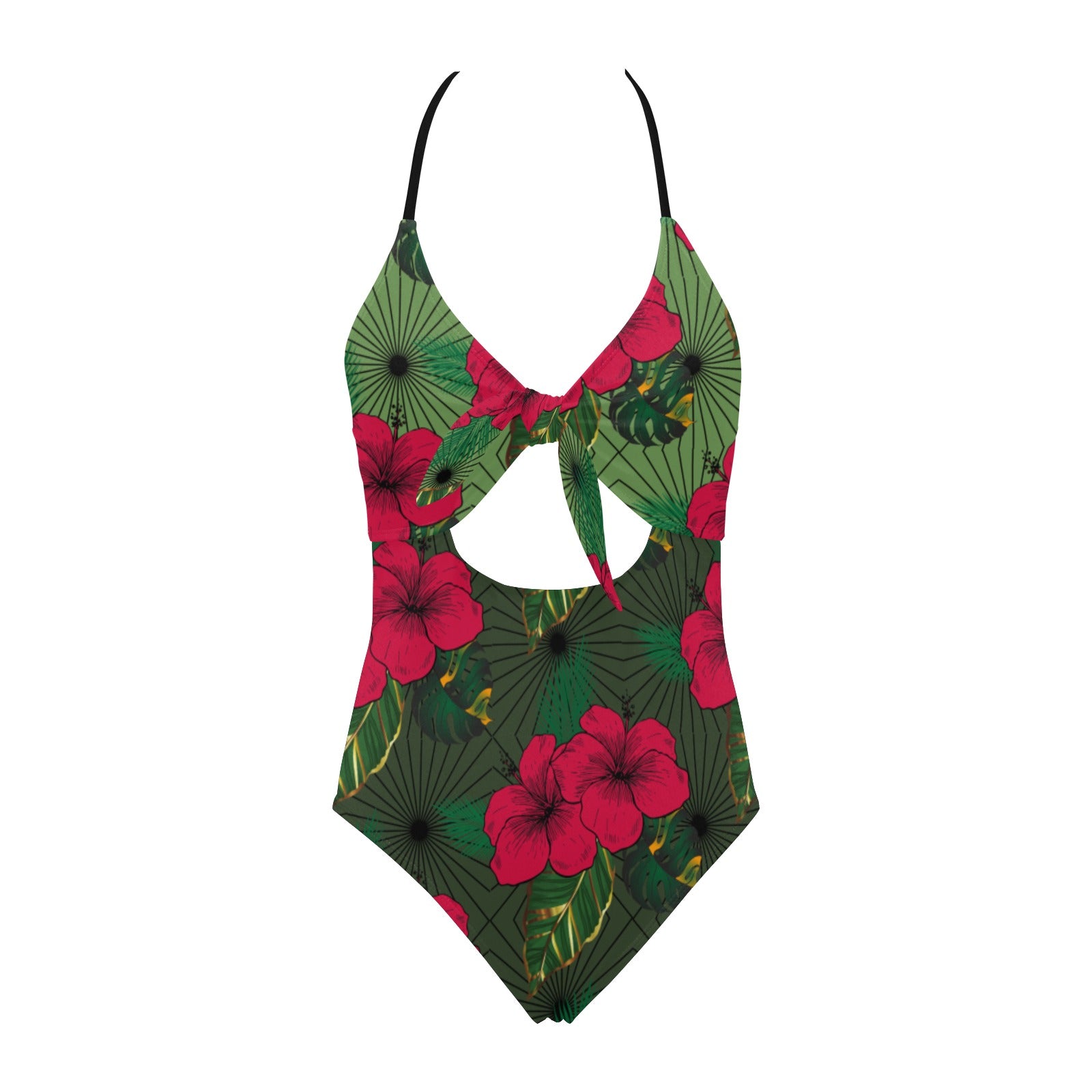 One-piece swimsuit with green leaf and red floral pattern on a white background