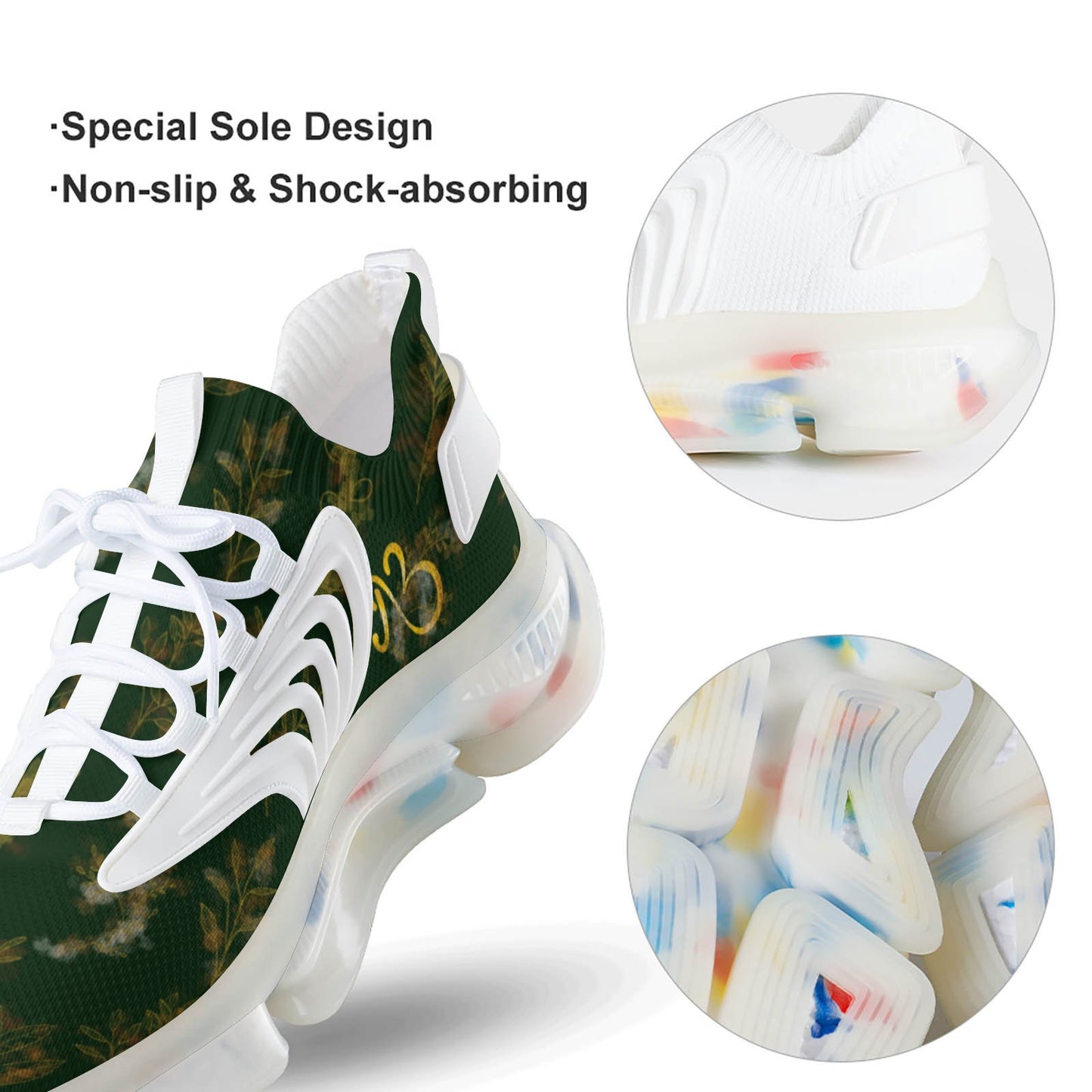 Green Oriental Floral Print Mesh Unisex Sneakers Elastic Running Shoes
