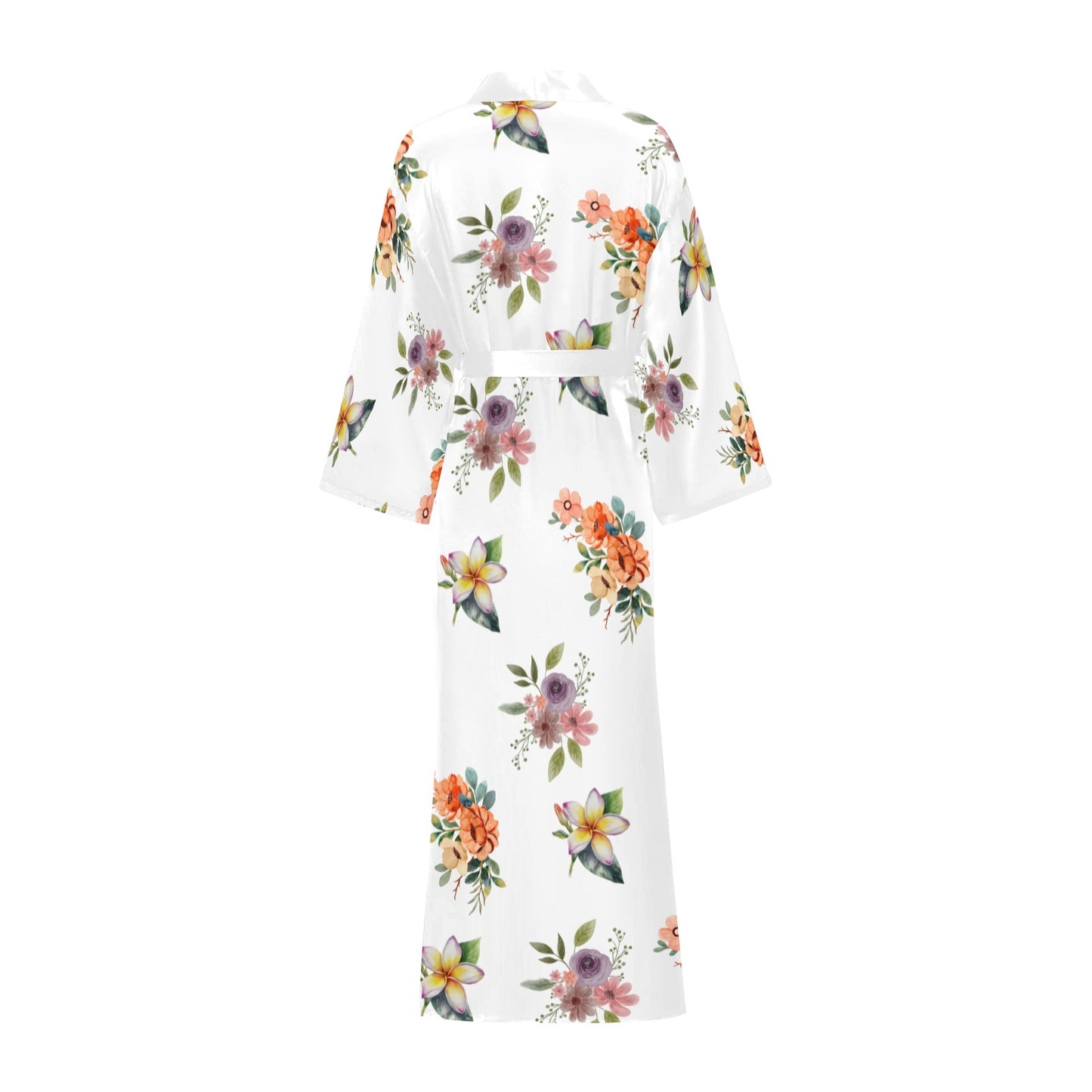 White Flower Print Women's Long Kimono Silky Robe