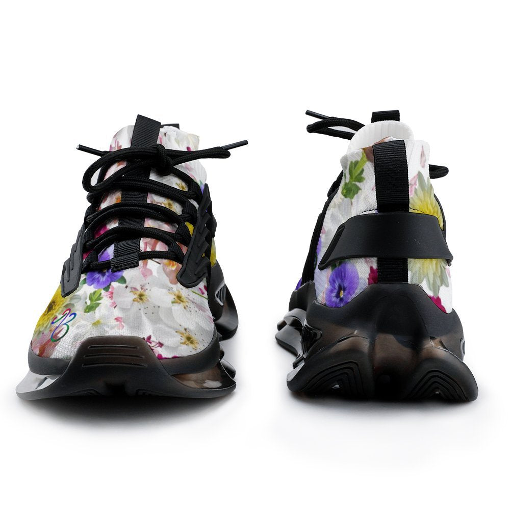 White Floral Print Mesh Unisex Sneakers Elastic Running Shoes