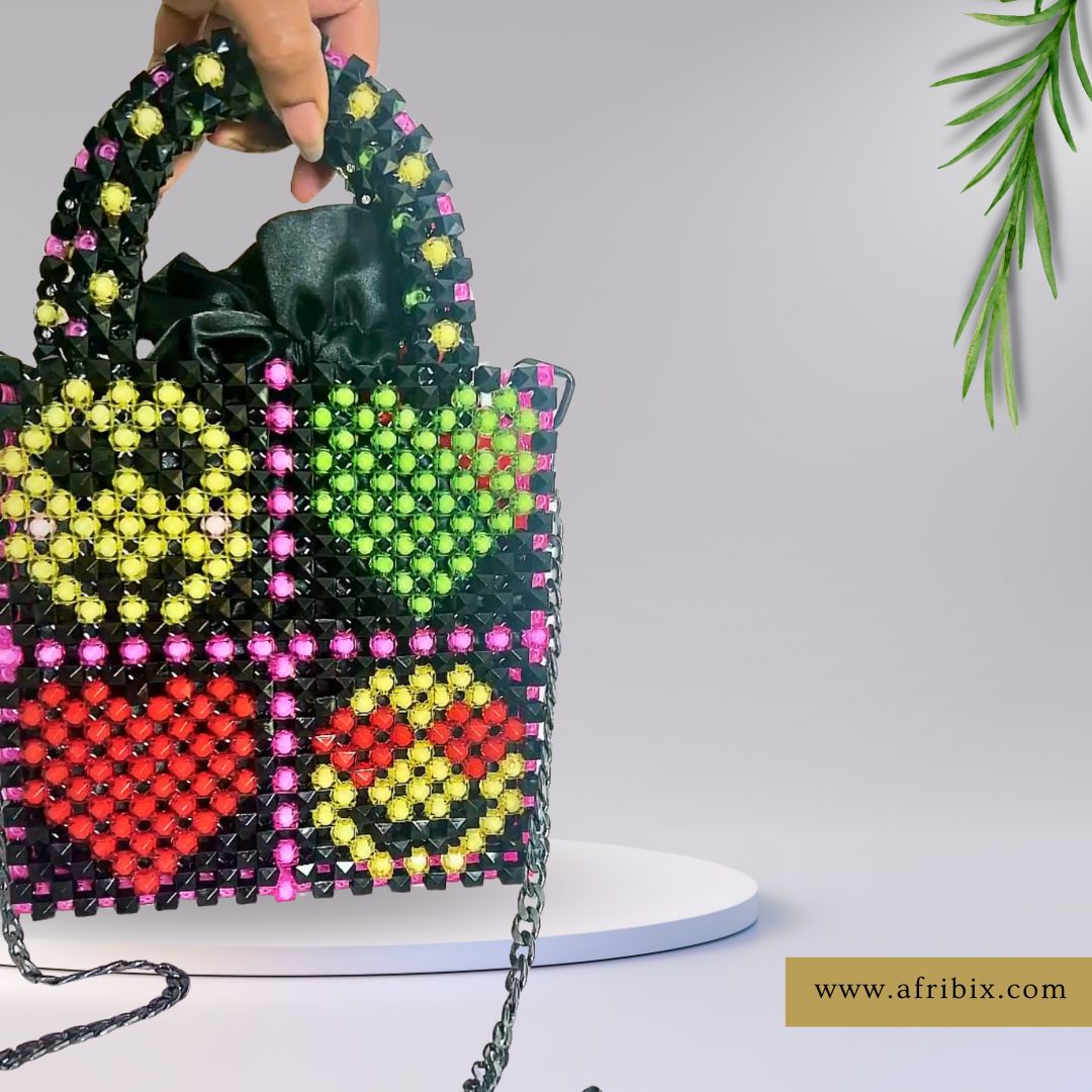 Pink and Black Afro Emoji Girly Statement Bead Hand Bag