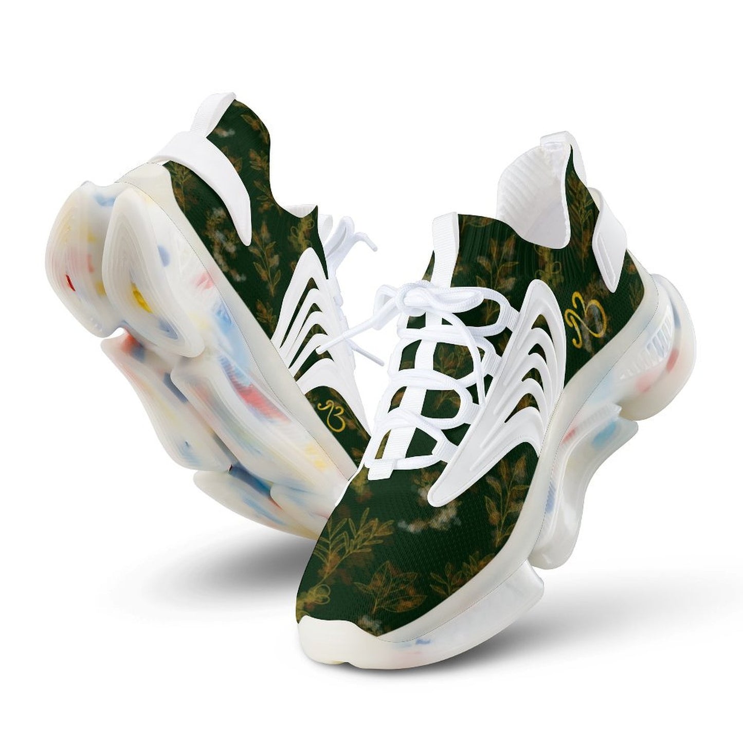Green Oriental Floral Print Mesh Unisex Sneakers Elastic Running Shoes