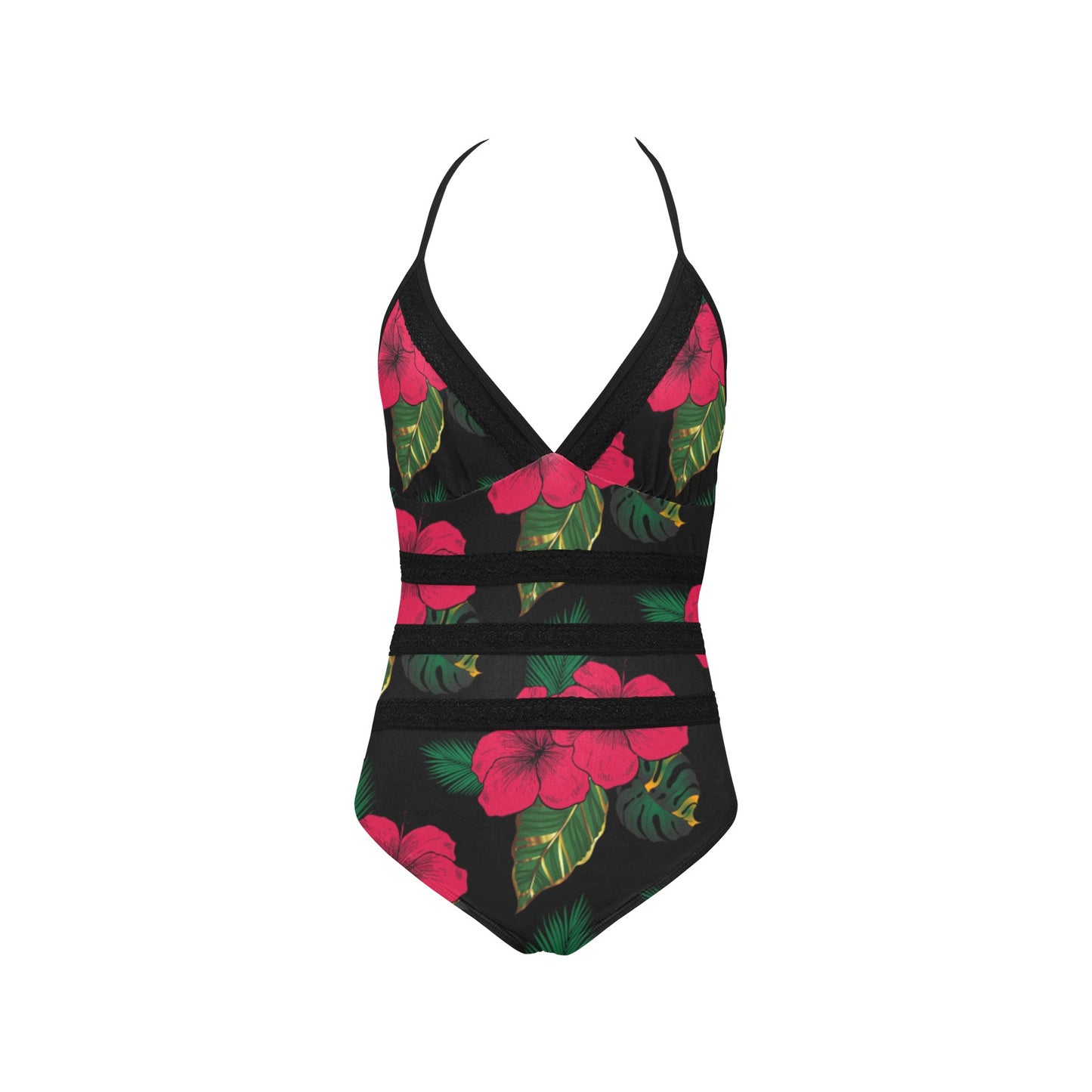 Queen Vee Hibiscus Lace Embossed One Piece Red and Black Floral Swimsuit