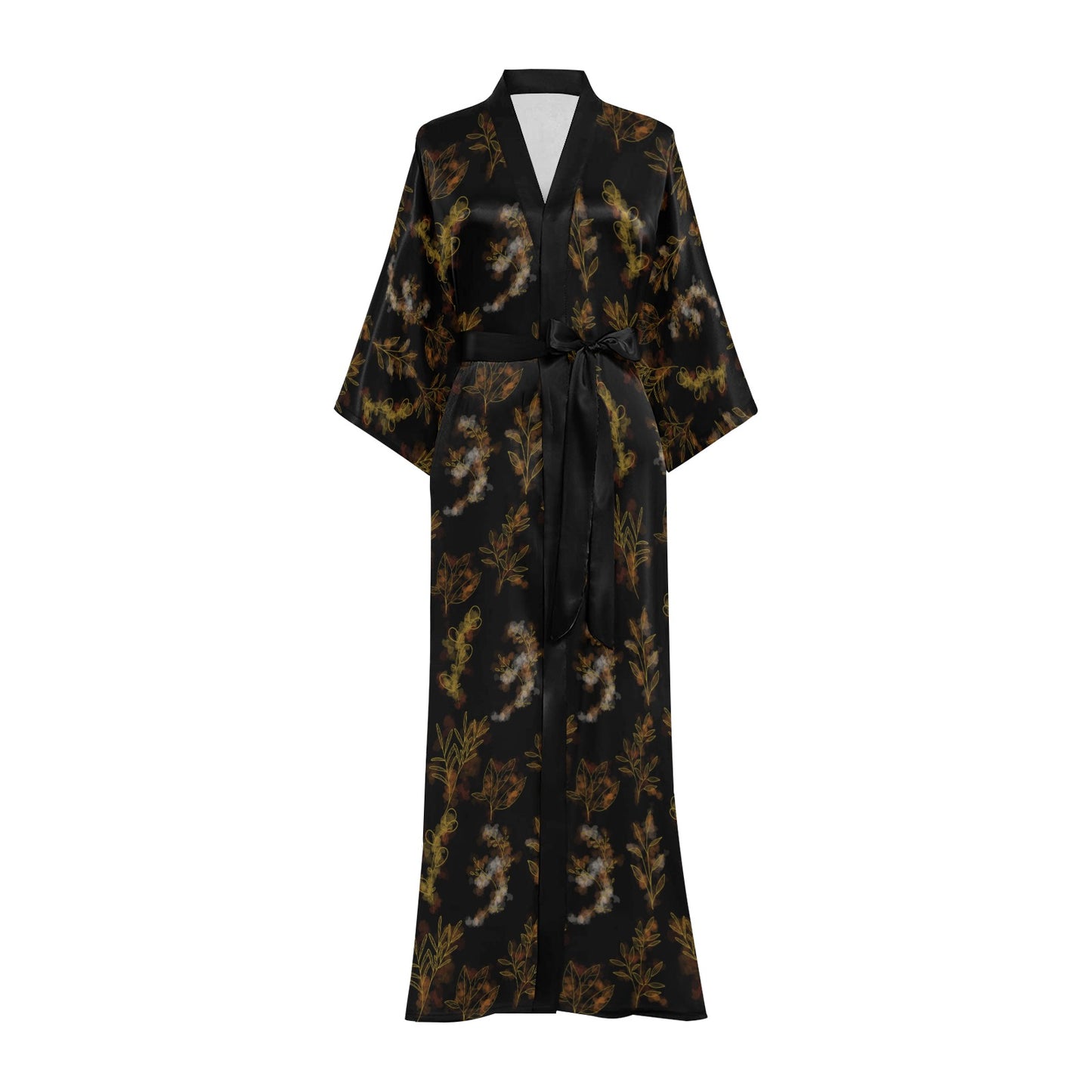 Black Gold Oriental Leaf Women's Long Kimono Robe