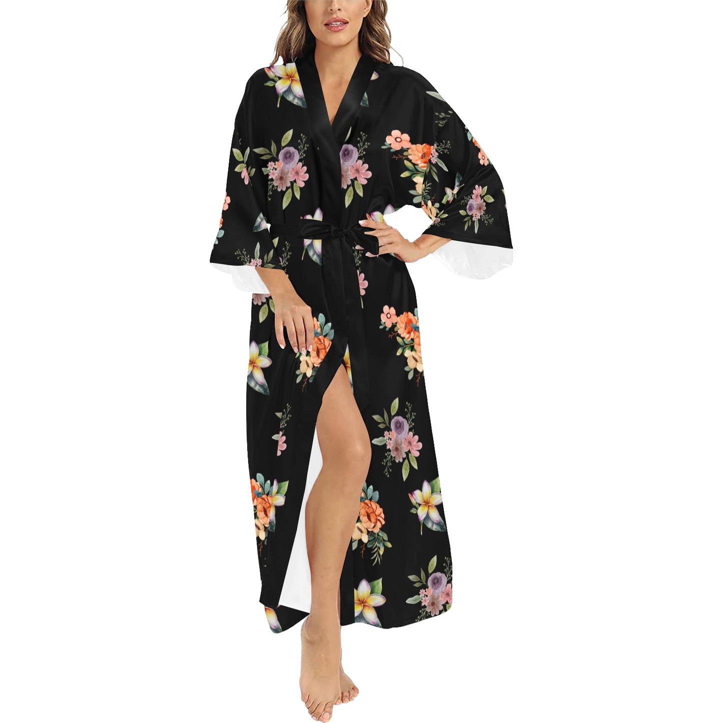 Black Flower Print Women's Long Kimono Silky Robe