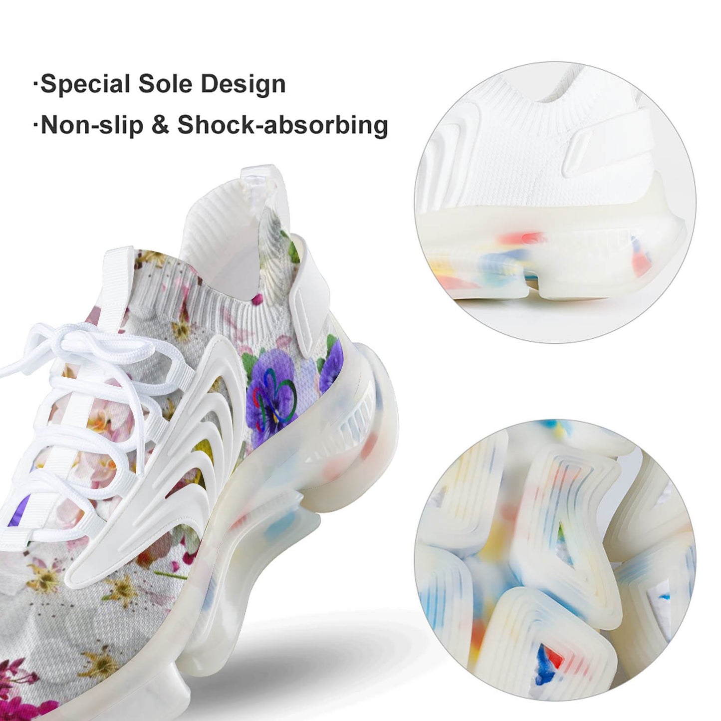 White Floral Print Mesh Unisex Sneakers Elastic Running Shoes