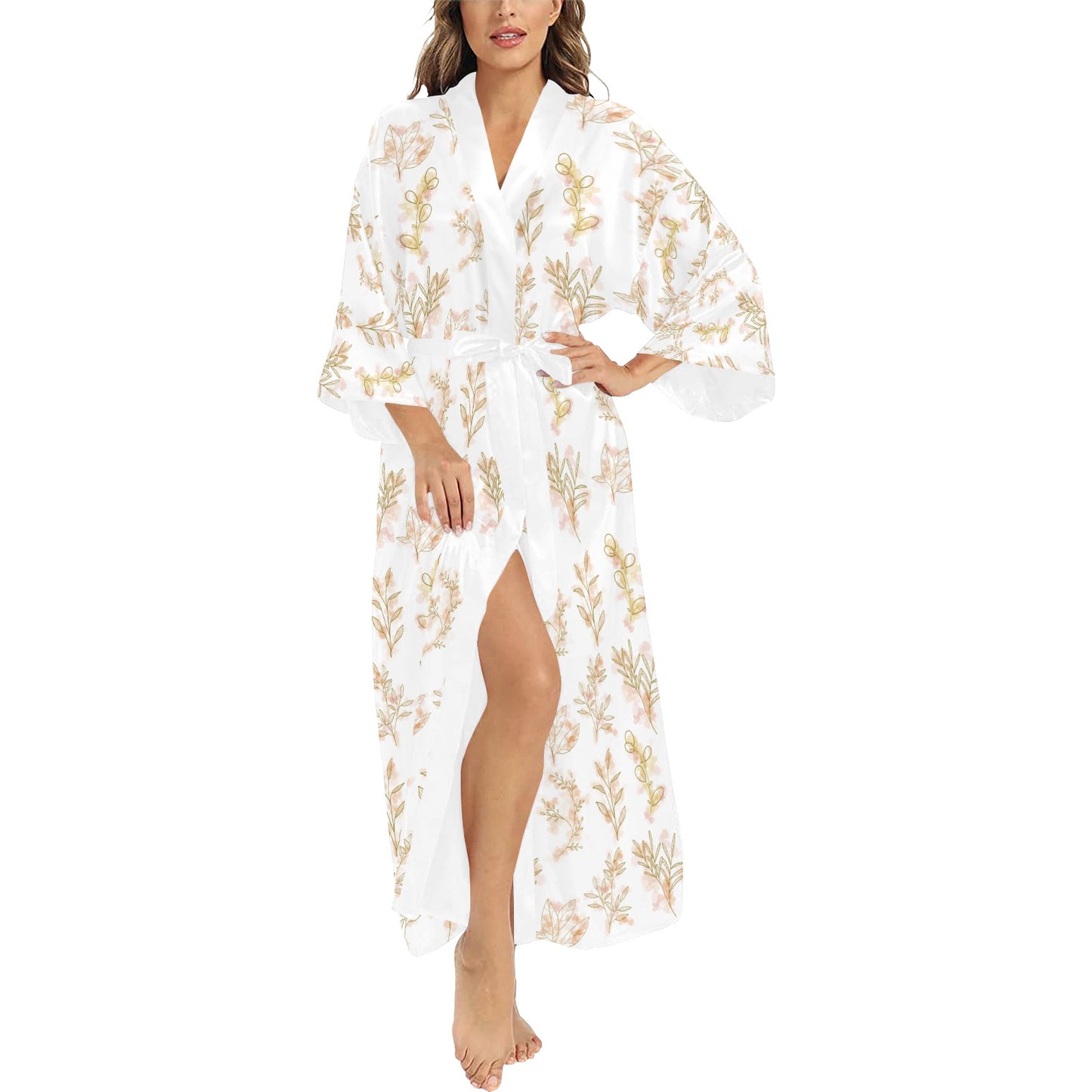 White Gold Oriental Leaf Women's Long Kimono Robe