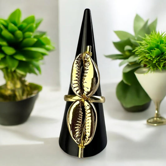 2-Cowrie Shell Vertical Gold Stainless Steel Adjustable Ring