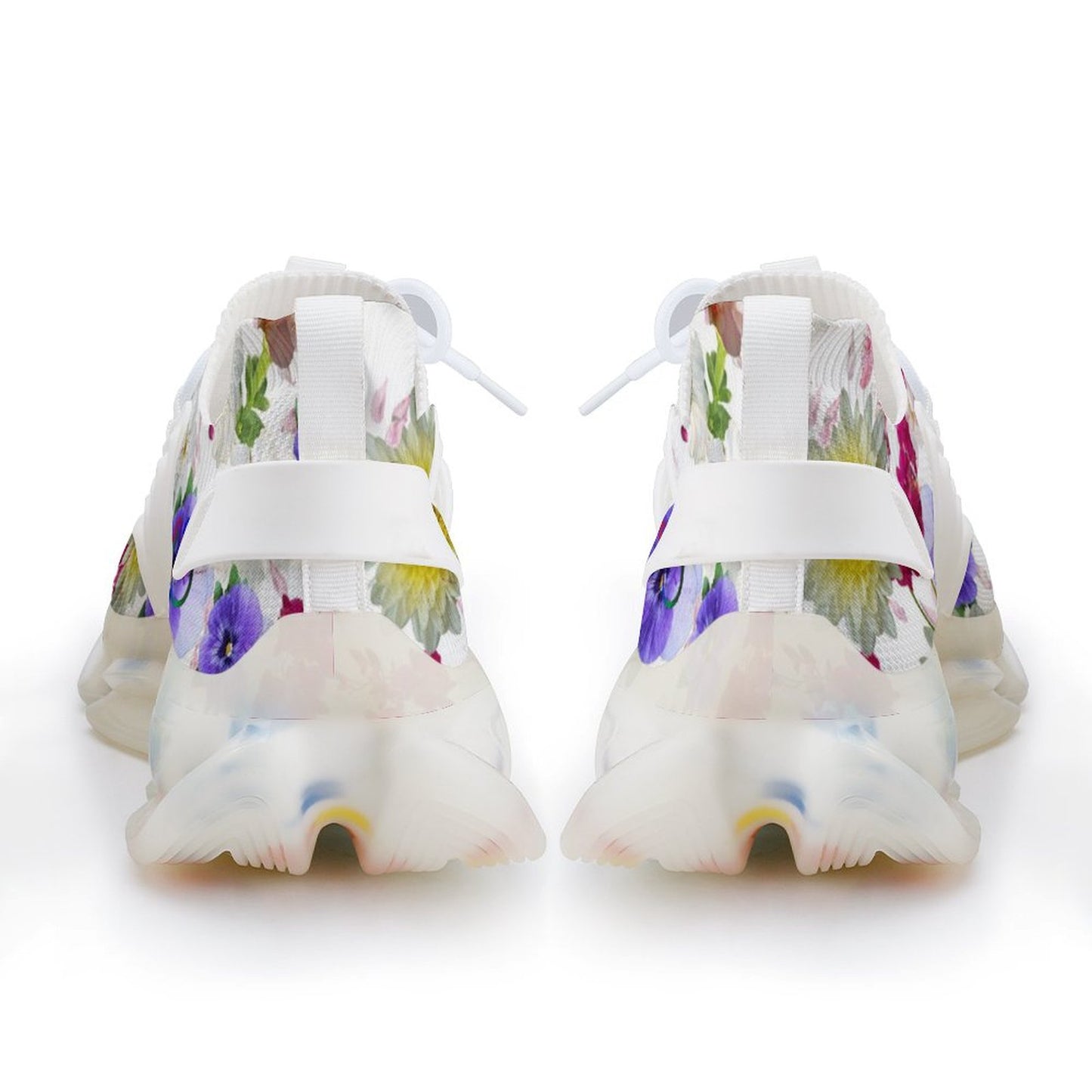 White Floral Print Mesh Unisex Sneakers Elastic Running Shoes