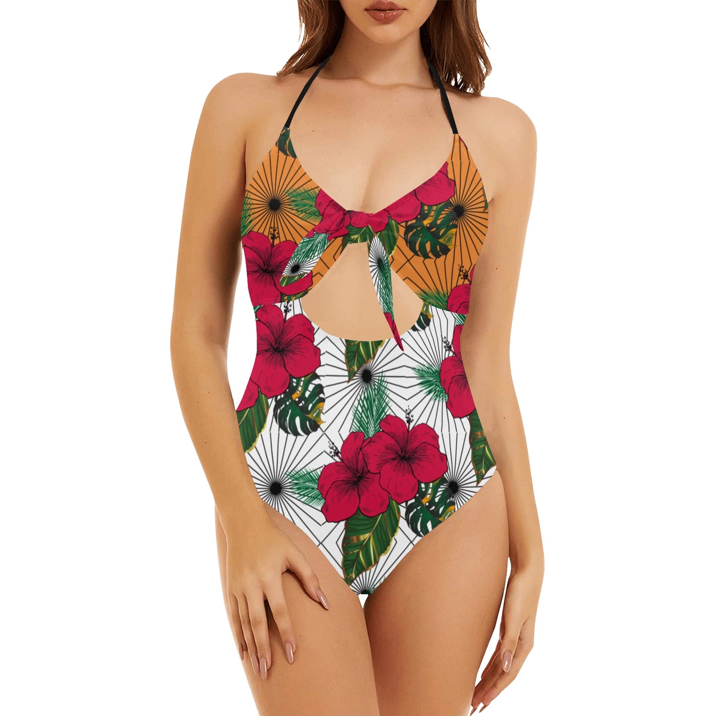 Queen Vee Hibiscus White Bow Cutout Backless One Piece Swimsuit