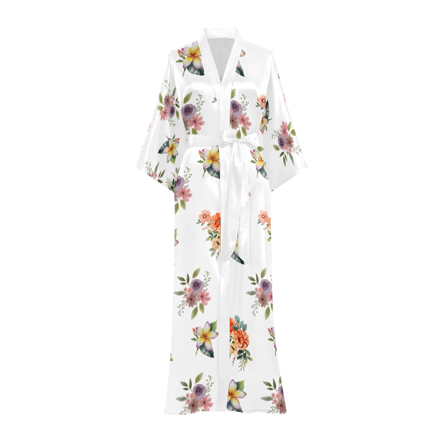 White Flower Print Women's Long Kimono Silky Robe
