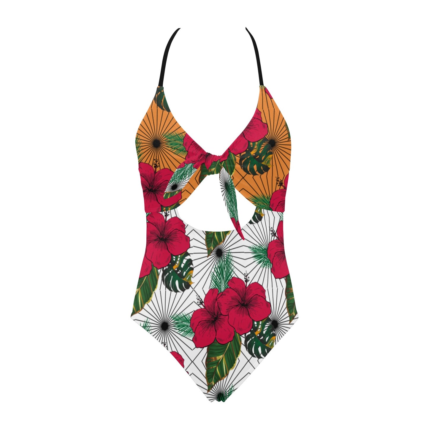 Queen Vee Hibiscus White Bow Cutout Backless One Piece Swimsuit