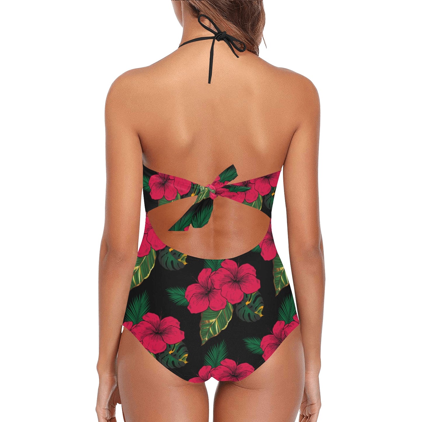 Queen Vee Hibiscus Lace Embossed One Piece Red and Black Floral Swimsuit