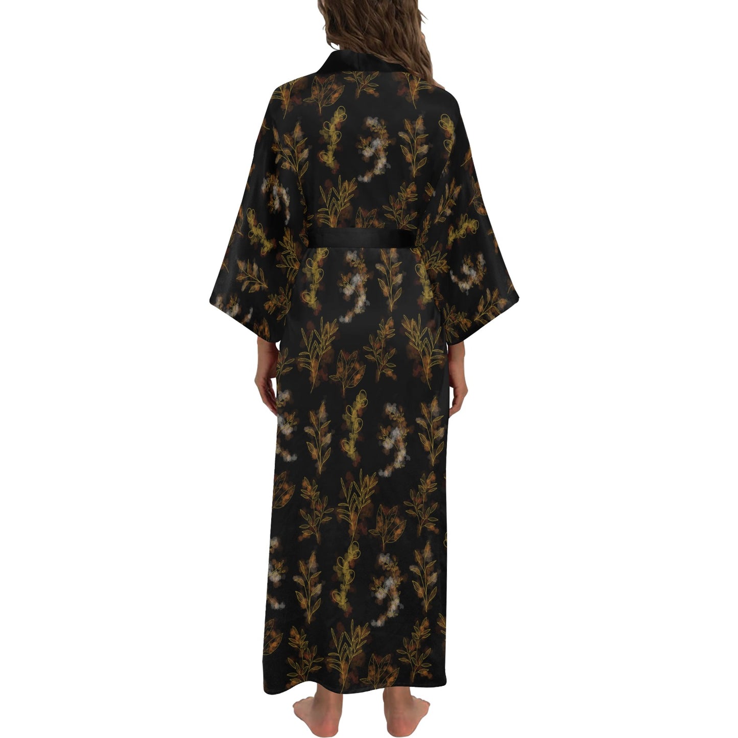 Black Gold Oriental Leaf Women's Long Kimono Robe