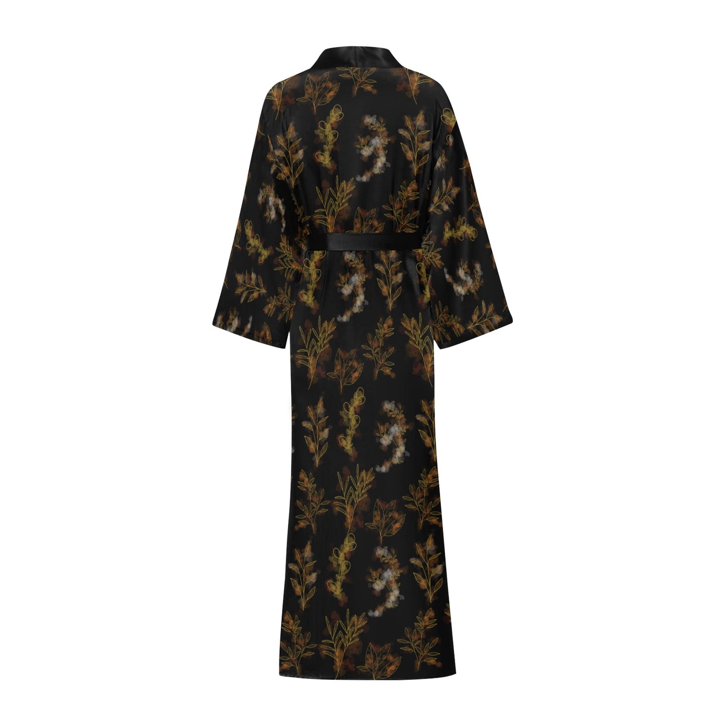 Black Gold Oriental Leaf Women's Long Kimono Robe