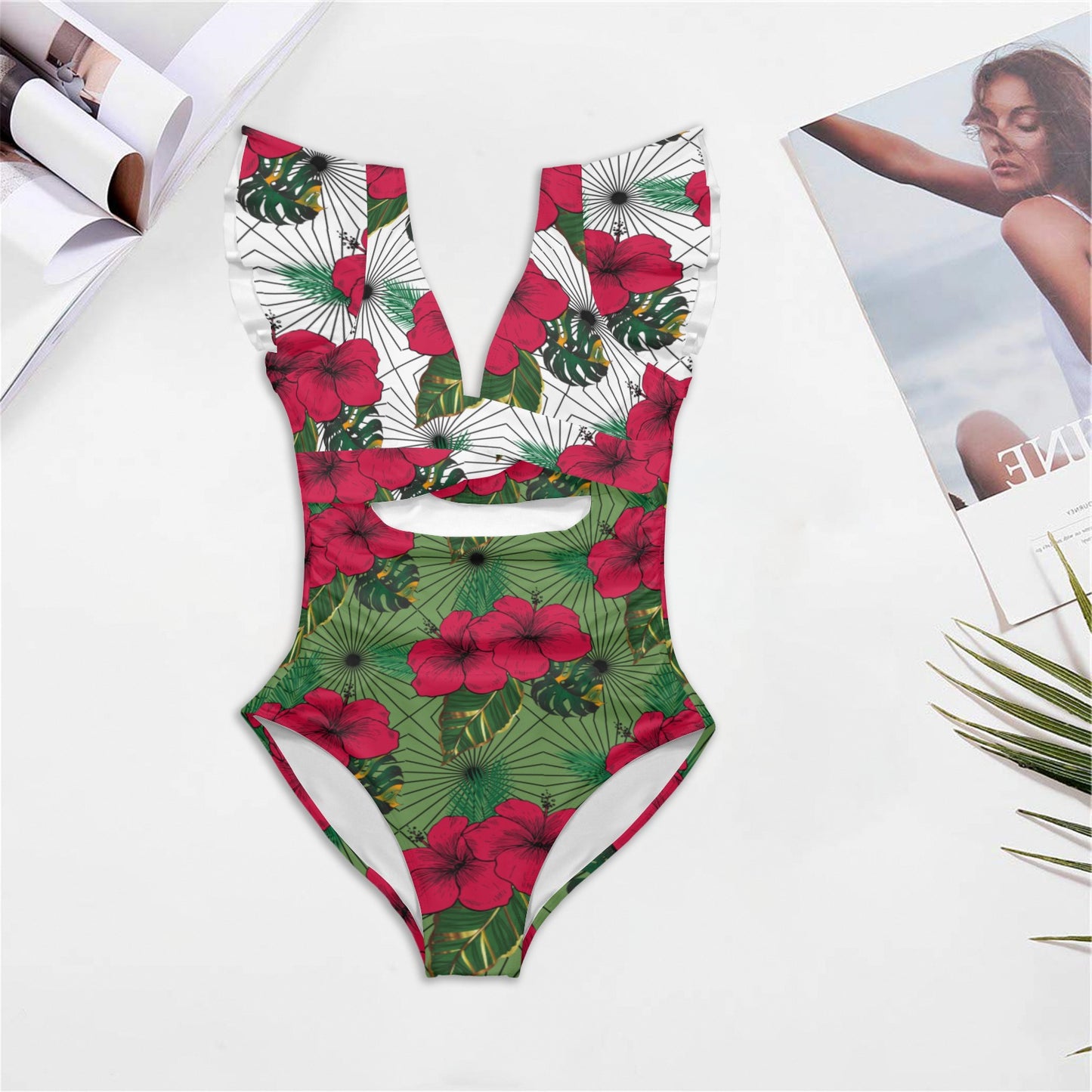 Queen Vee One Piece Hibiscus Twist Front Ruffle Sleeve Cutout Swimsuit