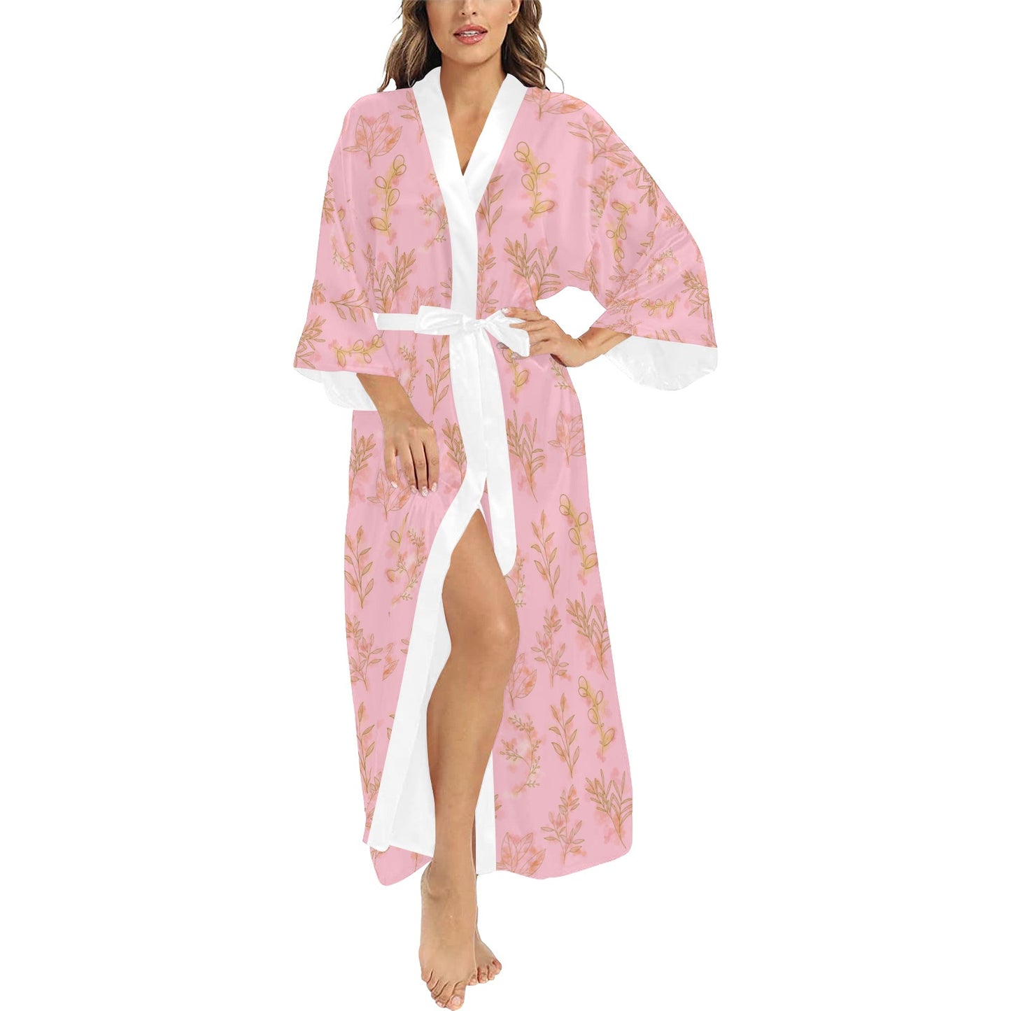 Pink Gold Oriental Leaf Women's Long Kimono Silky Feel Robe