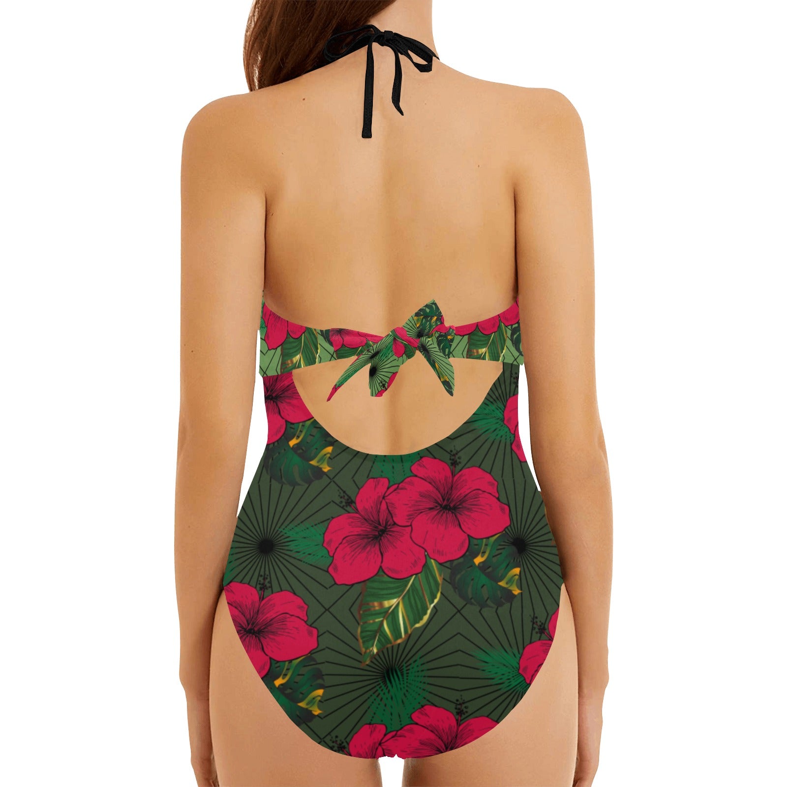 One-piece green and red swimsuit with floral design on a white background