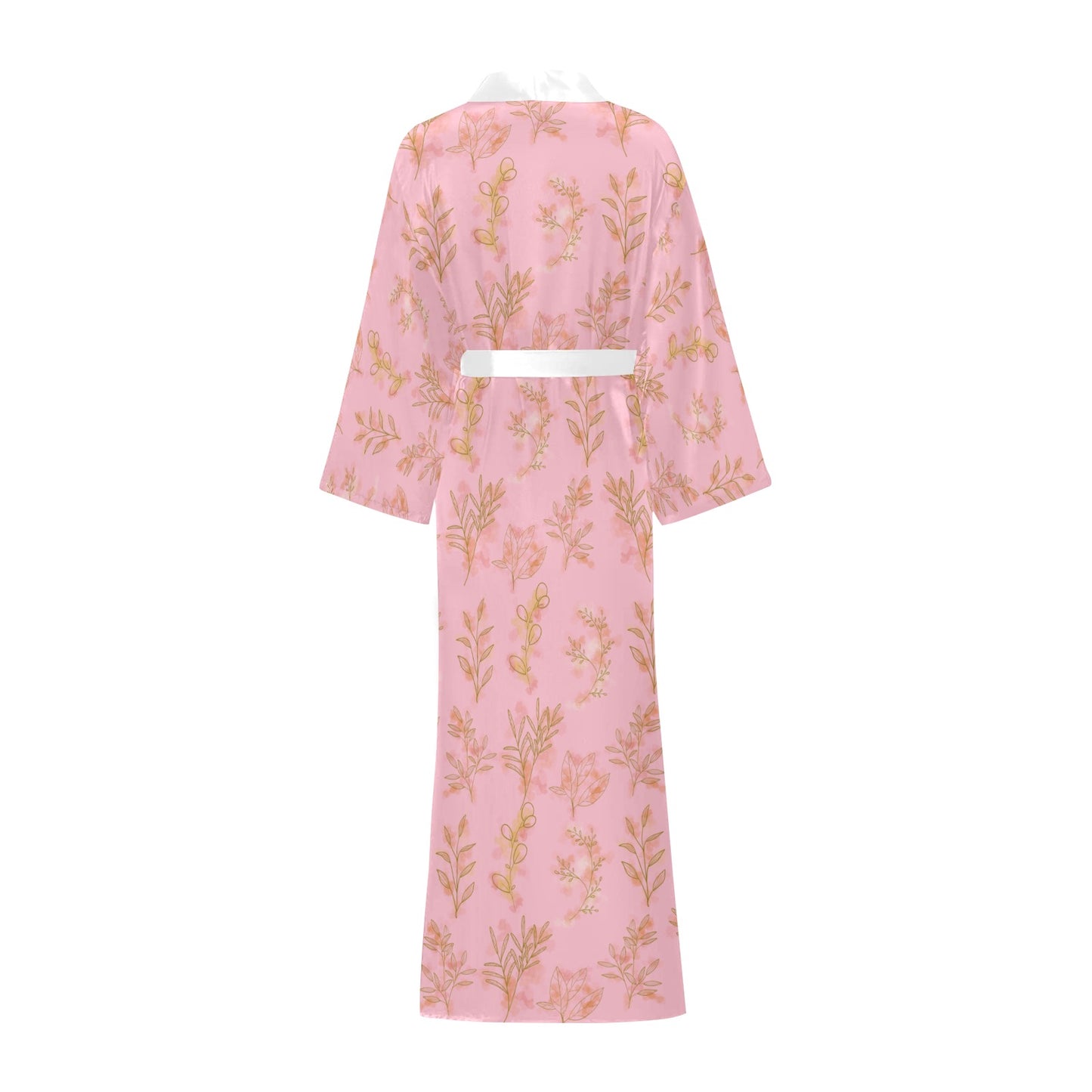 Pink Gold Oriental Leaf Women's Long Kimono Silky Feel Robe