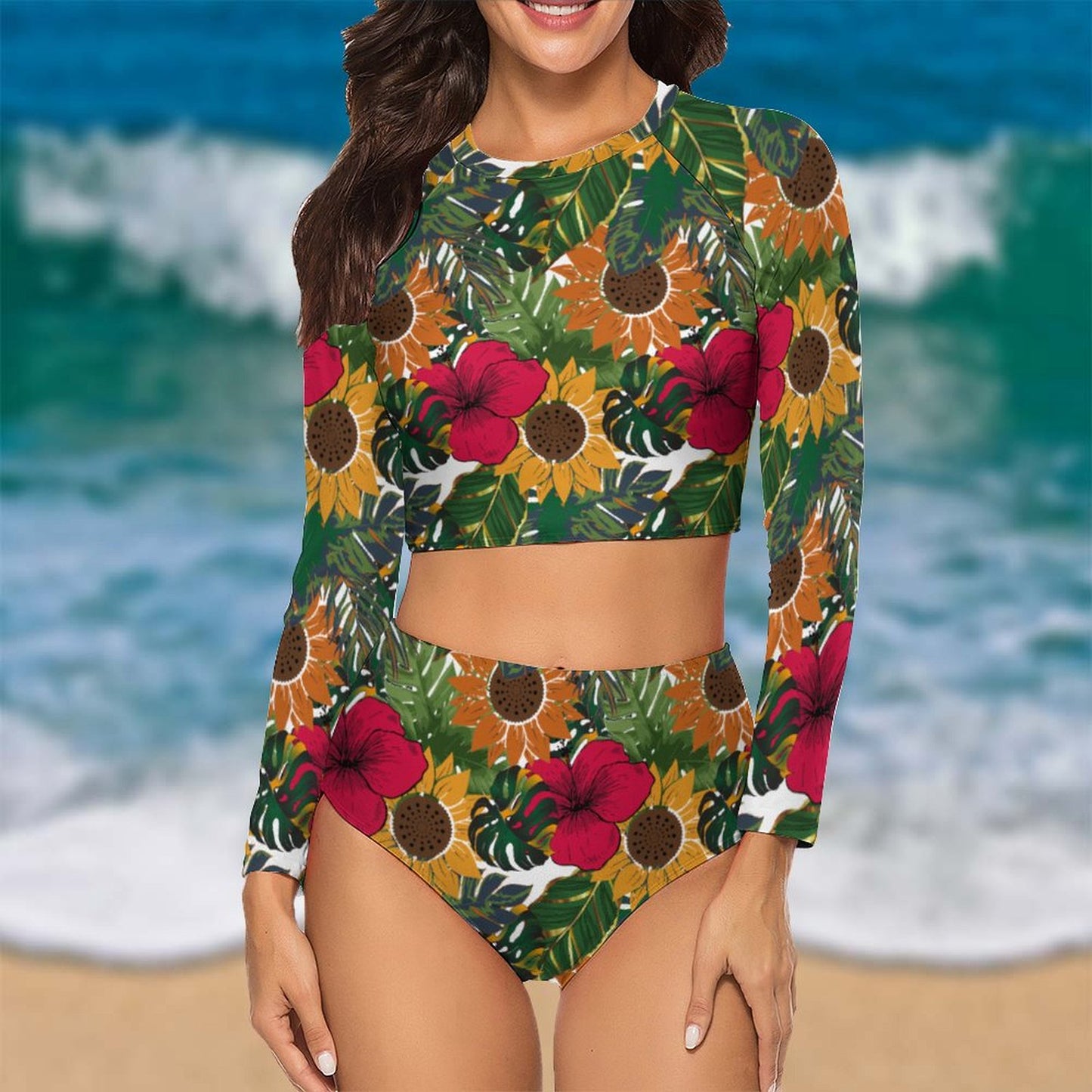 Women’s Long Sleeve Floral Bikini Set - Queen Vee Swimsuit for Beach & Pool