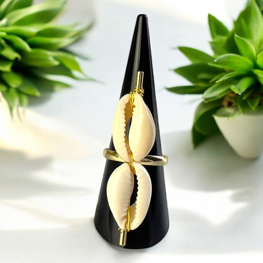 2-Cowrie Shell Vertical Gold Stainless Steel Adjustable Ring