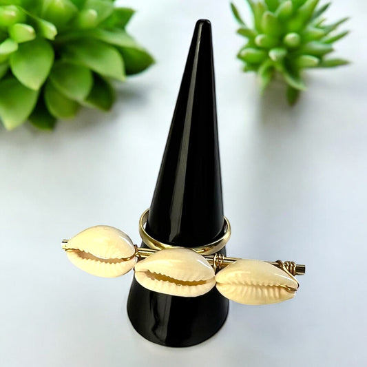 3-Cowrie Shell Horizontal Gold Stainless Steel Adjustable Ring