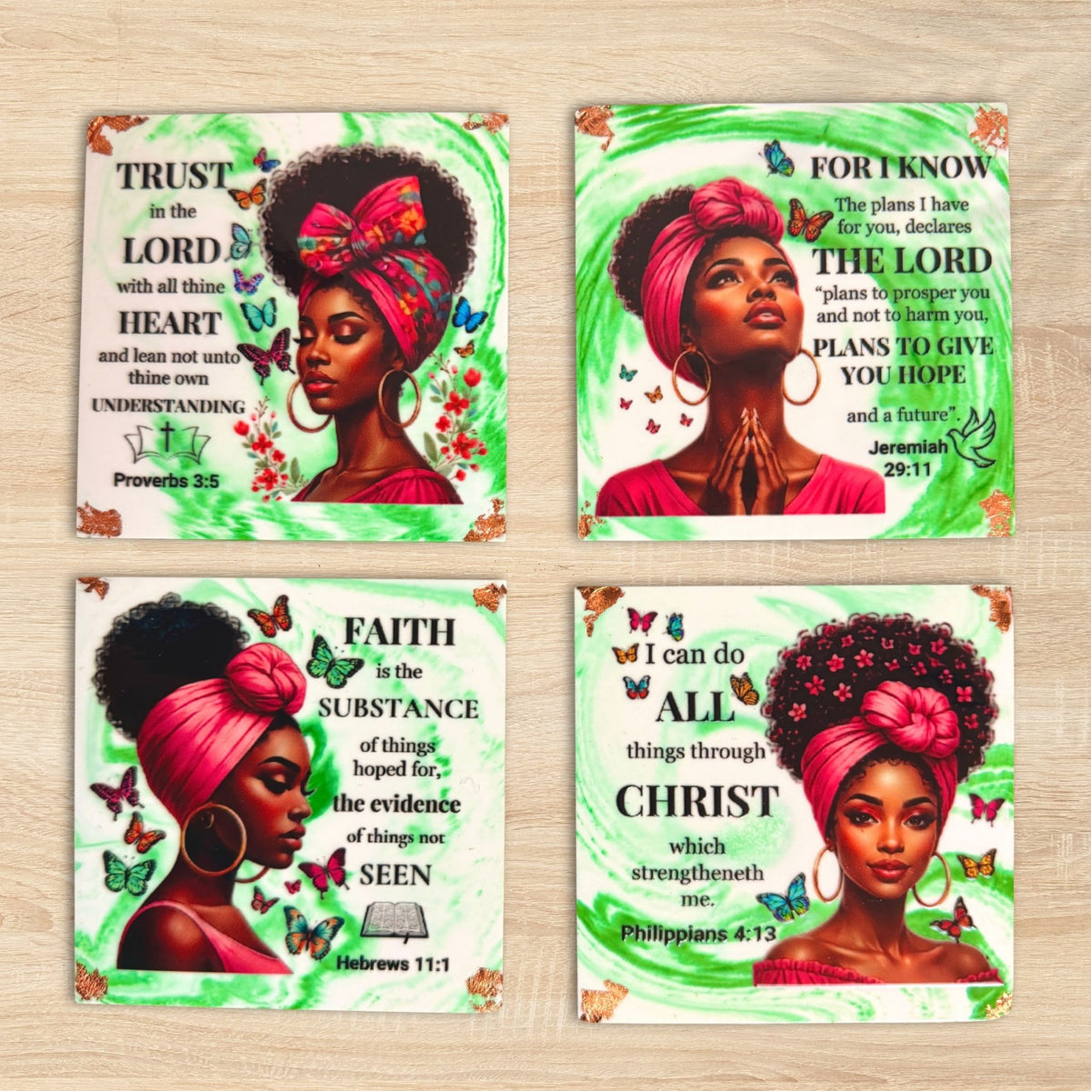 Set of four handmade green Bible verse coasters featuring portraits of Black women
