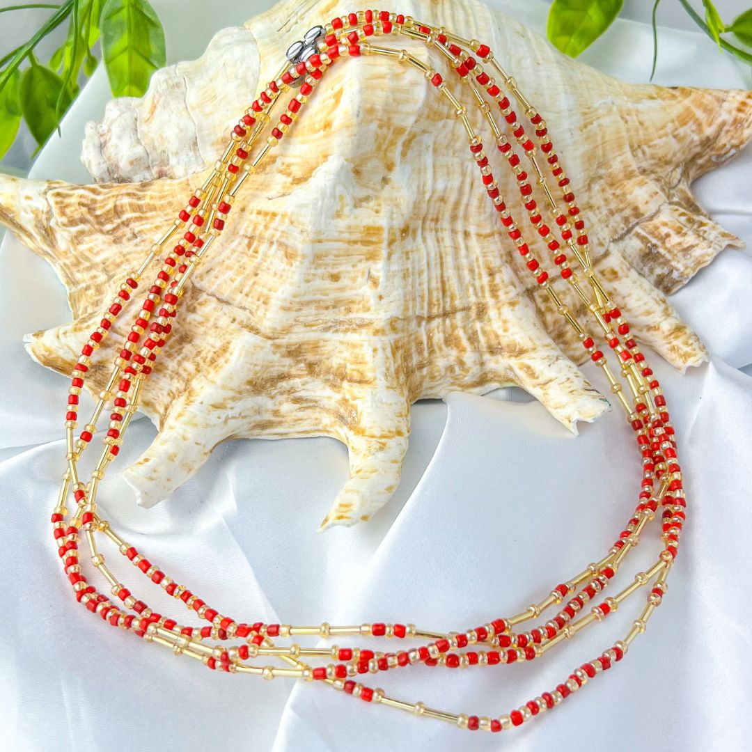 Coral Red and Gold Waist Bead