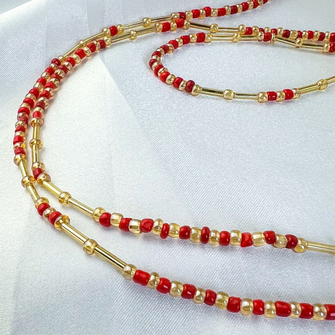 Coral Red and Gold Waist Bead