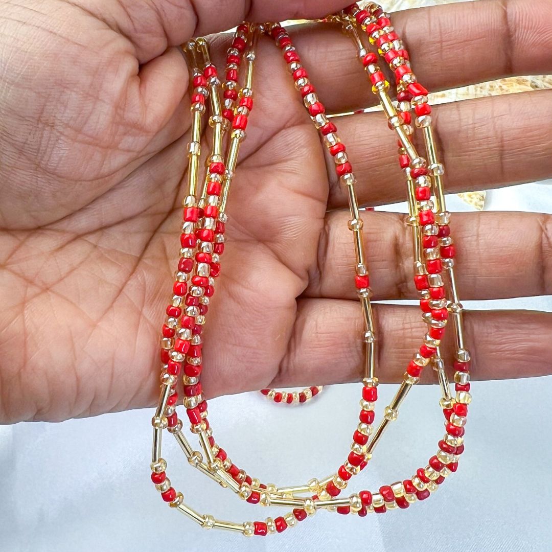 Coral Red and Gold Waist Bead