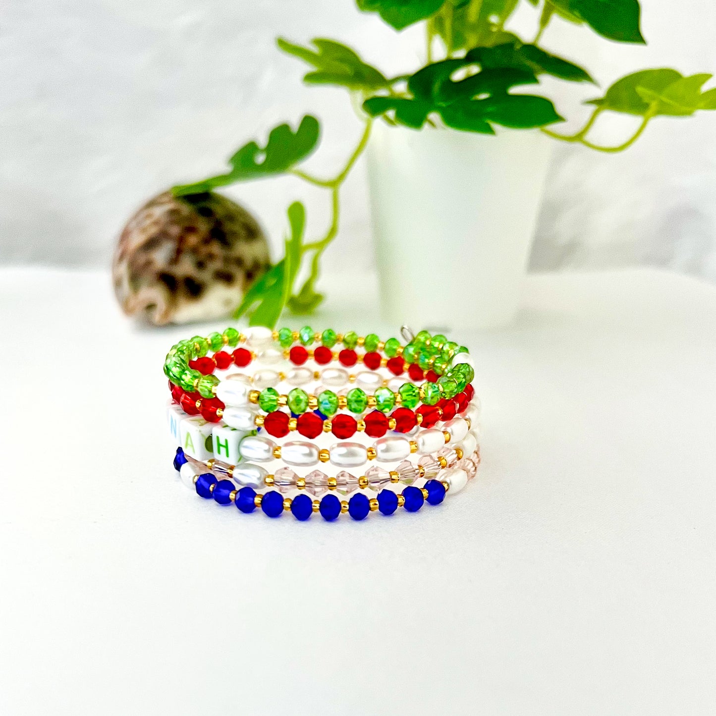 Personalised Crystal and Pearl 5 Spiral Bracelet for Girls