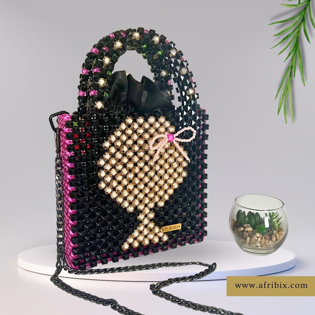 Pink and Black Afro Emoji Girly Statement Bead Hand Bag