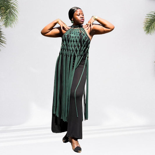 Emerald Green Halter Neck Fringe Net Top - Lucy