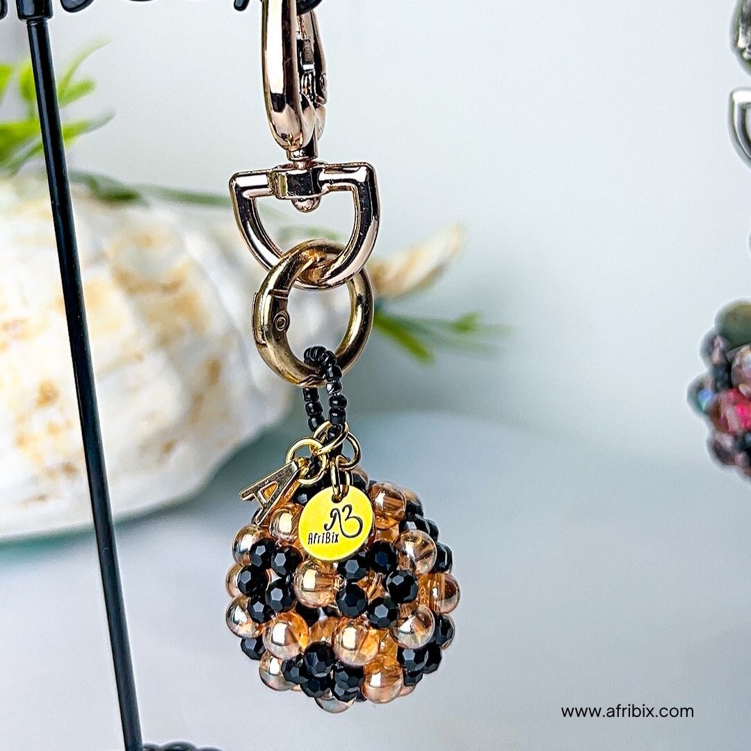 Gold and Black Crystal Ball Round Bag Charm, Purse Charm, Women's Bag Essentials