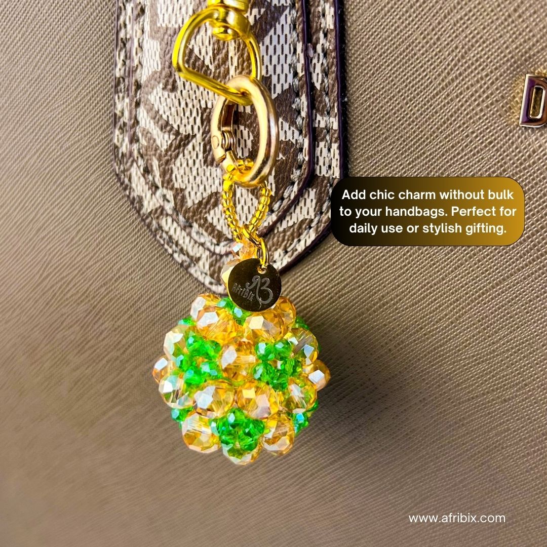 Gold and Green Crystal Ball Round Bag Charm, Purse Charm, Women's Bag Essentials