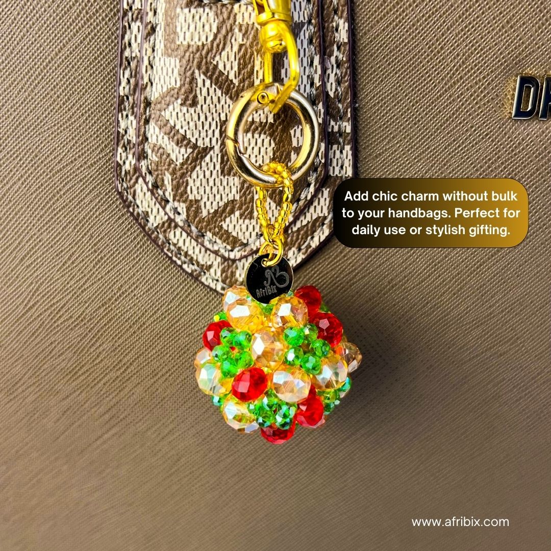 Gold, Red and Green Crystal Ball Round Bag Charm, Purse Charm, Women's Bag Essentials