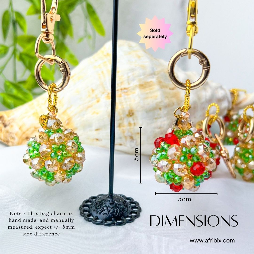 Gold, Red and Green Crystal Ball Round Bag Charm, Purse Charm, Women's Bag Essentials
