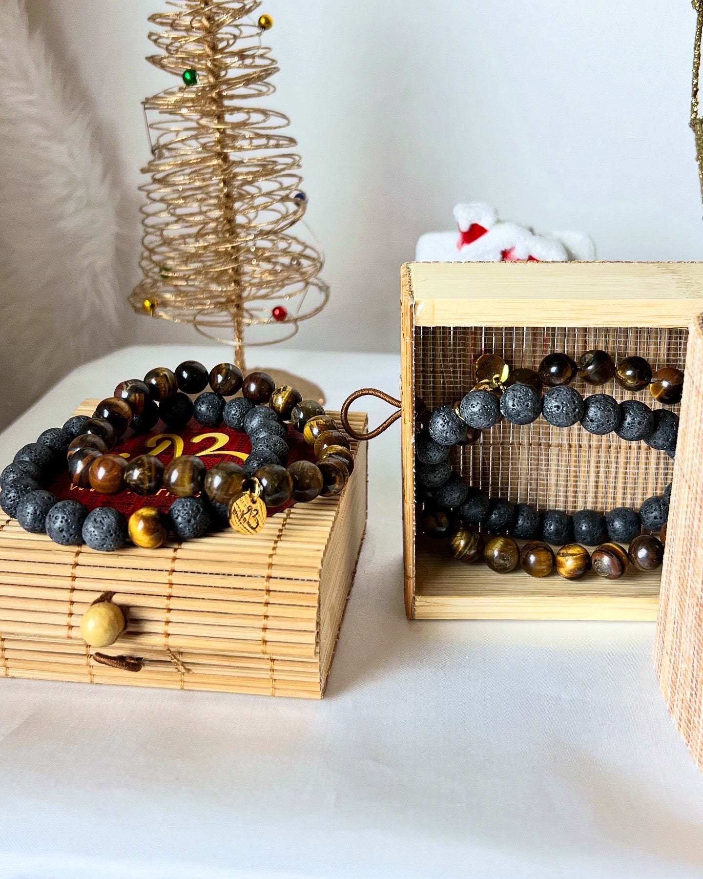 Genuine Tiger Eye and Lava Rock Elastic Bracelet Set