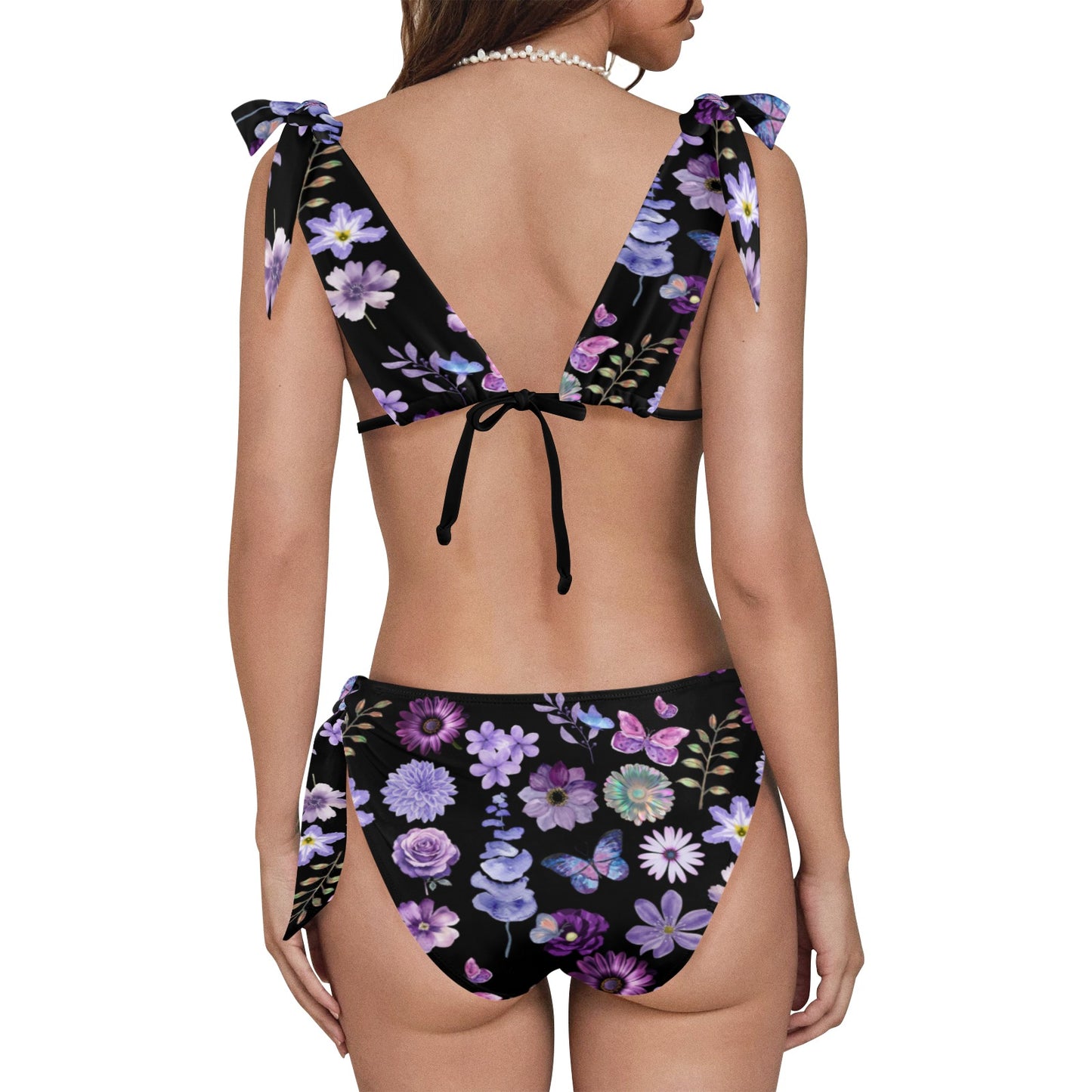 Lilac Floral Tie Shoulder Bikini Set Swimsuit