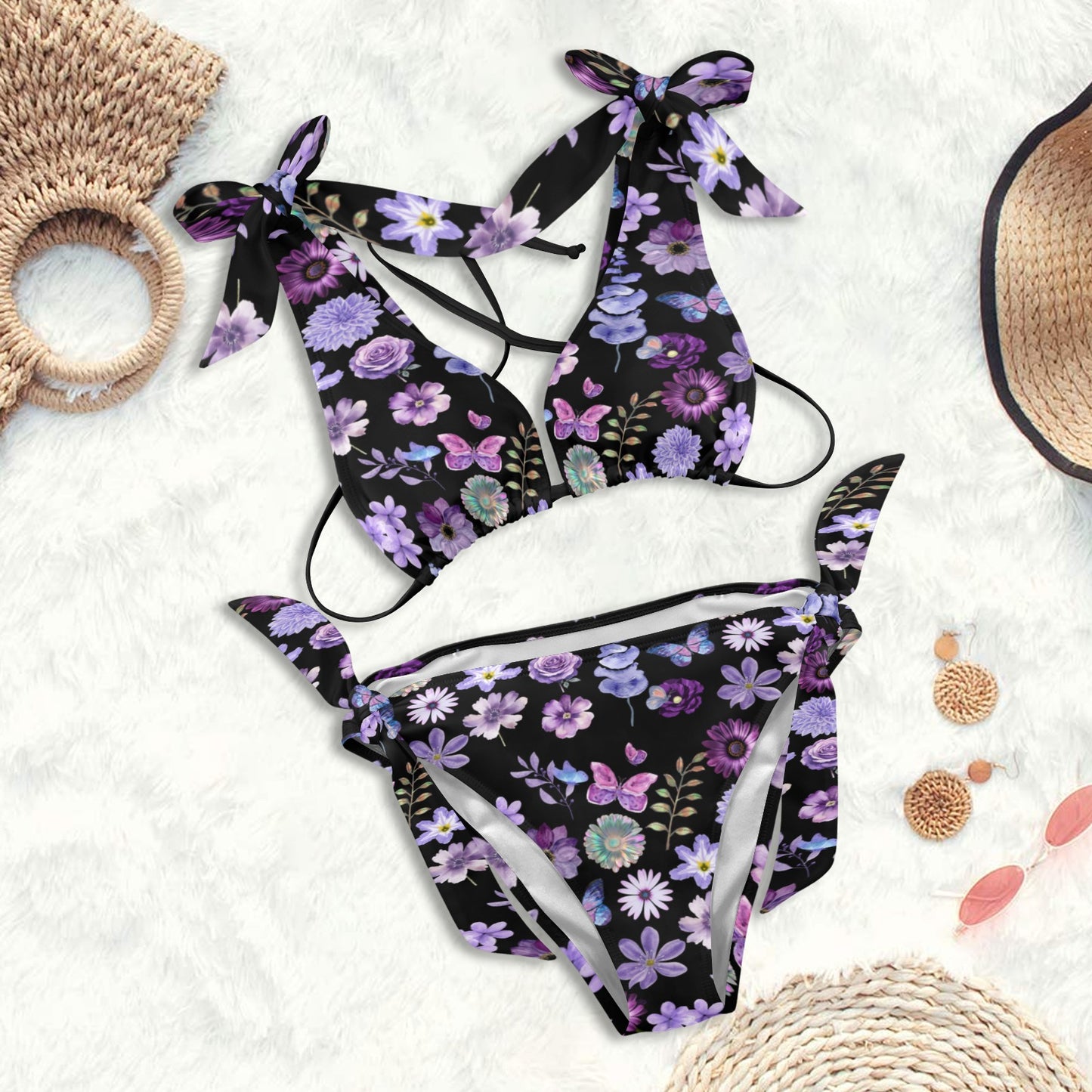 Lilac Floral Tie Shoulder Bikini Set Swimsuit