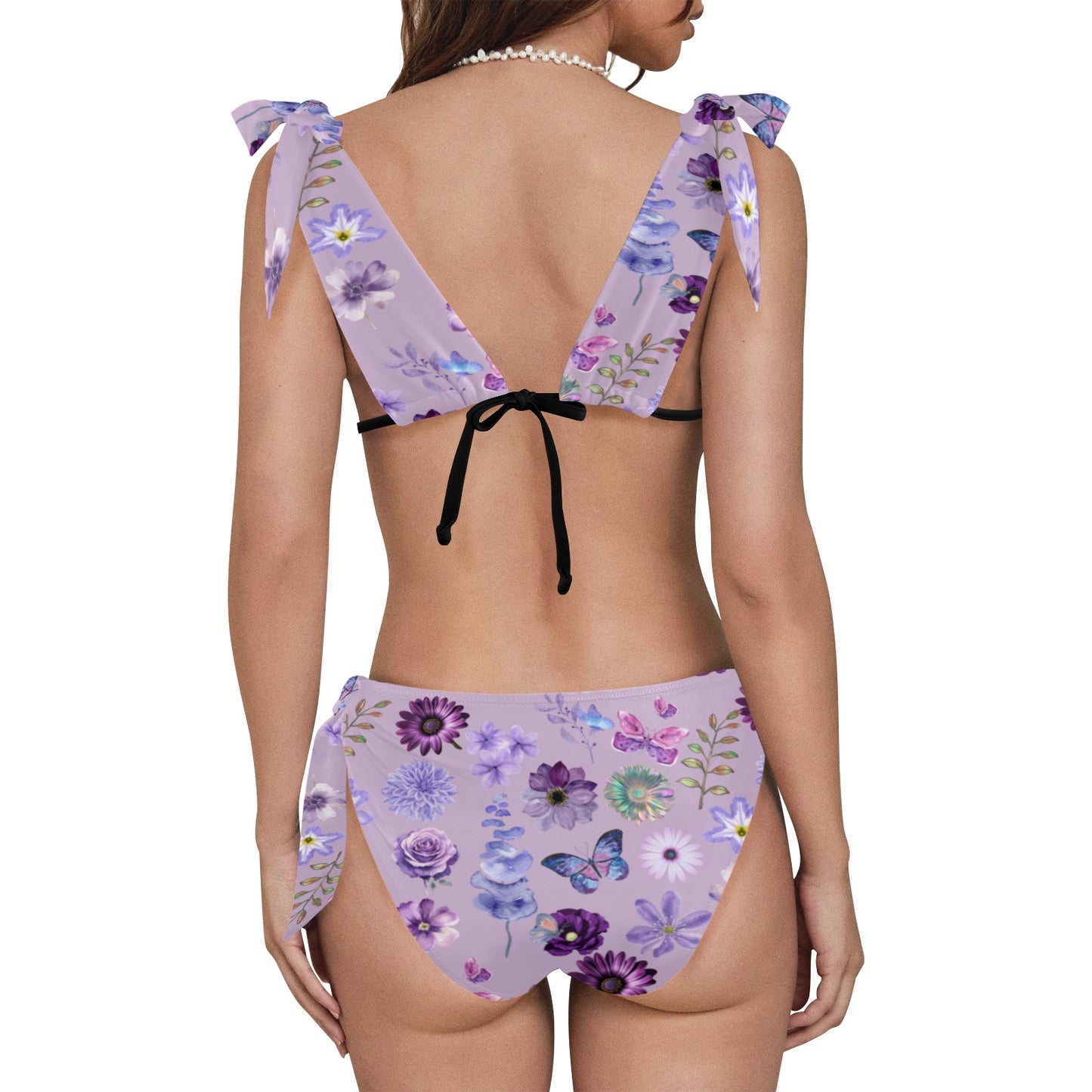 Lilac Floral Tie Shoulder Bikini Set Swimsuit