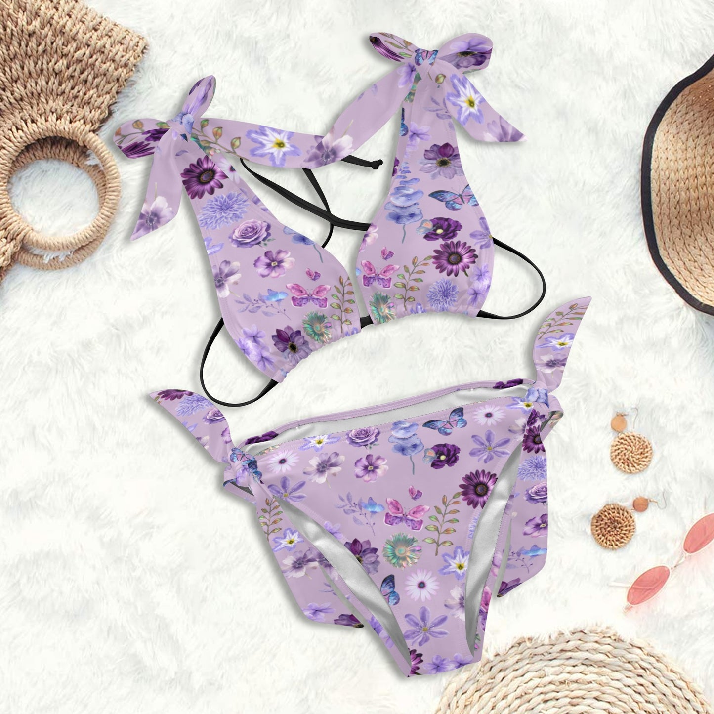 Lilac Floral Tie Shoulder Bikini Set Swimsuit