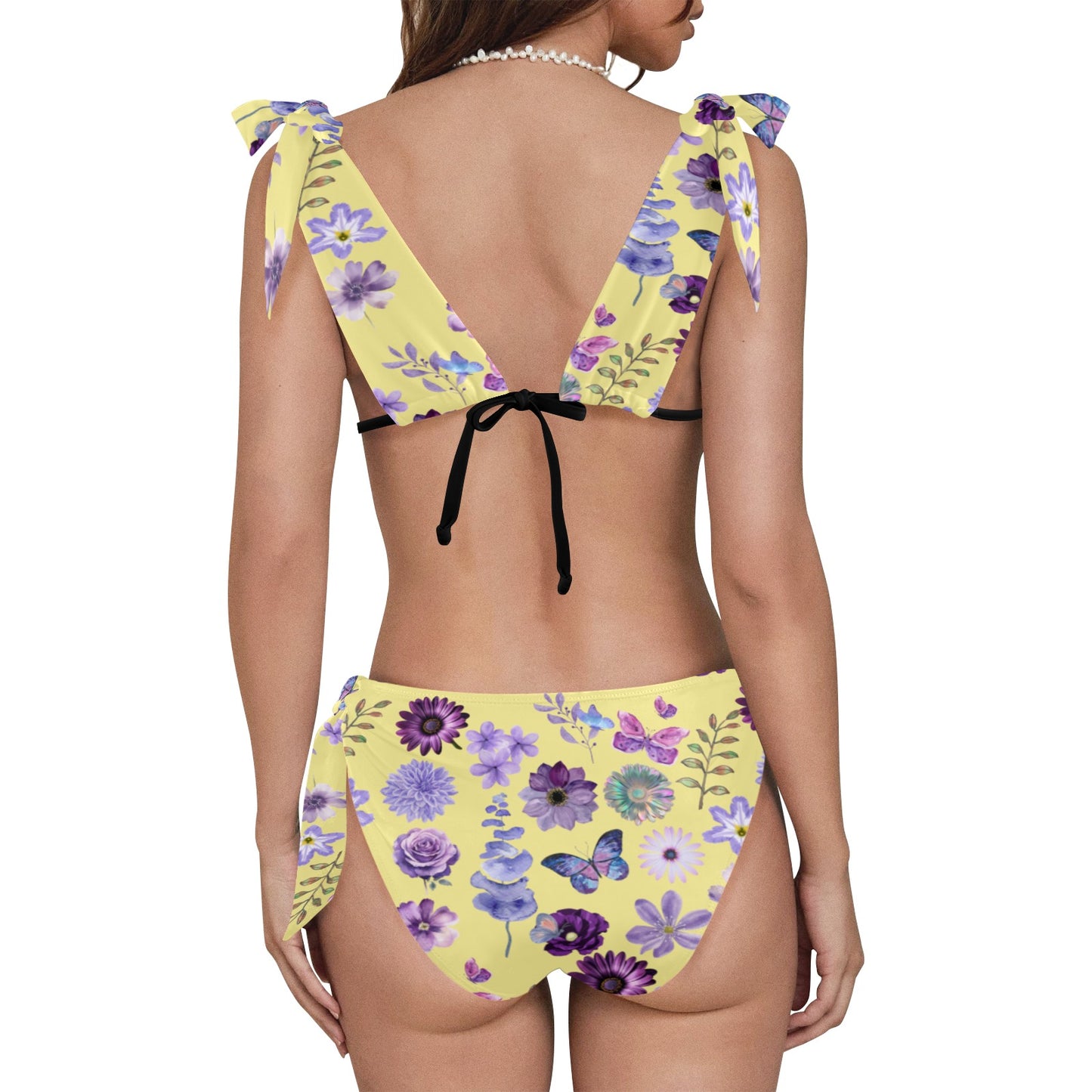 Lilac Floral Tie Shoulder Bikini Set Swimsuit