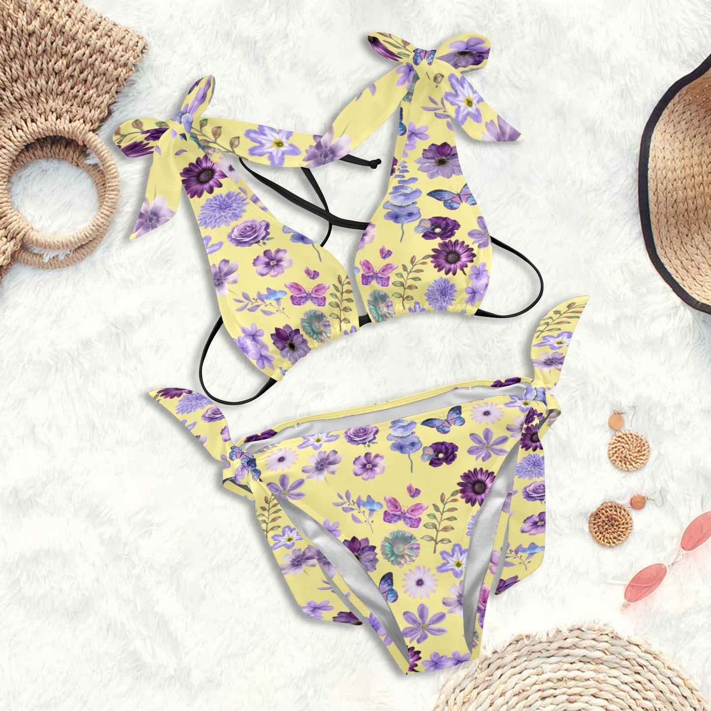 Lilac Floral Tie Shoulder Bikini Set Swimsuit