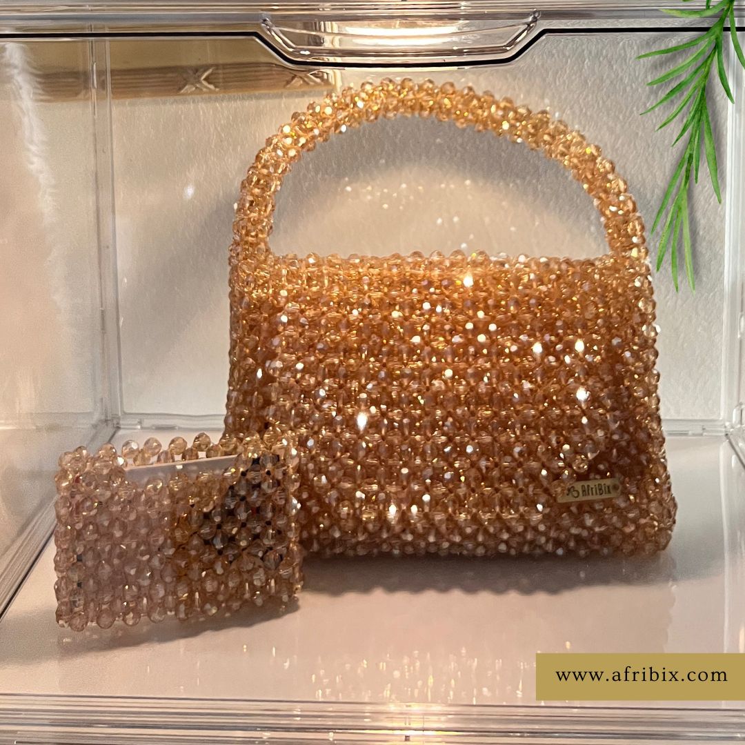 Champagne Gold Glass Crystal Bead Purse Dinner Hand Bag - Nandi