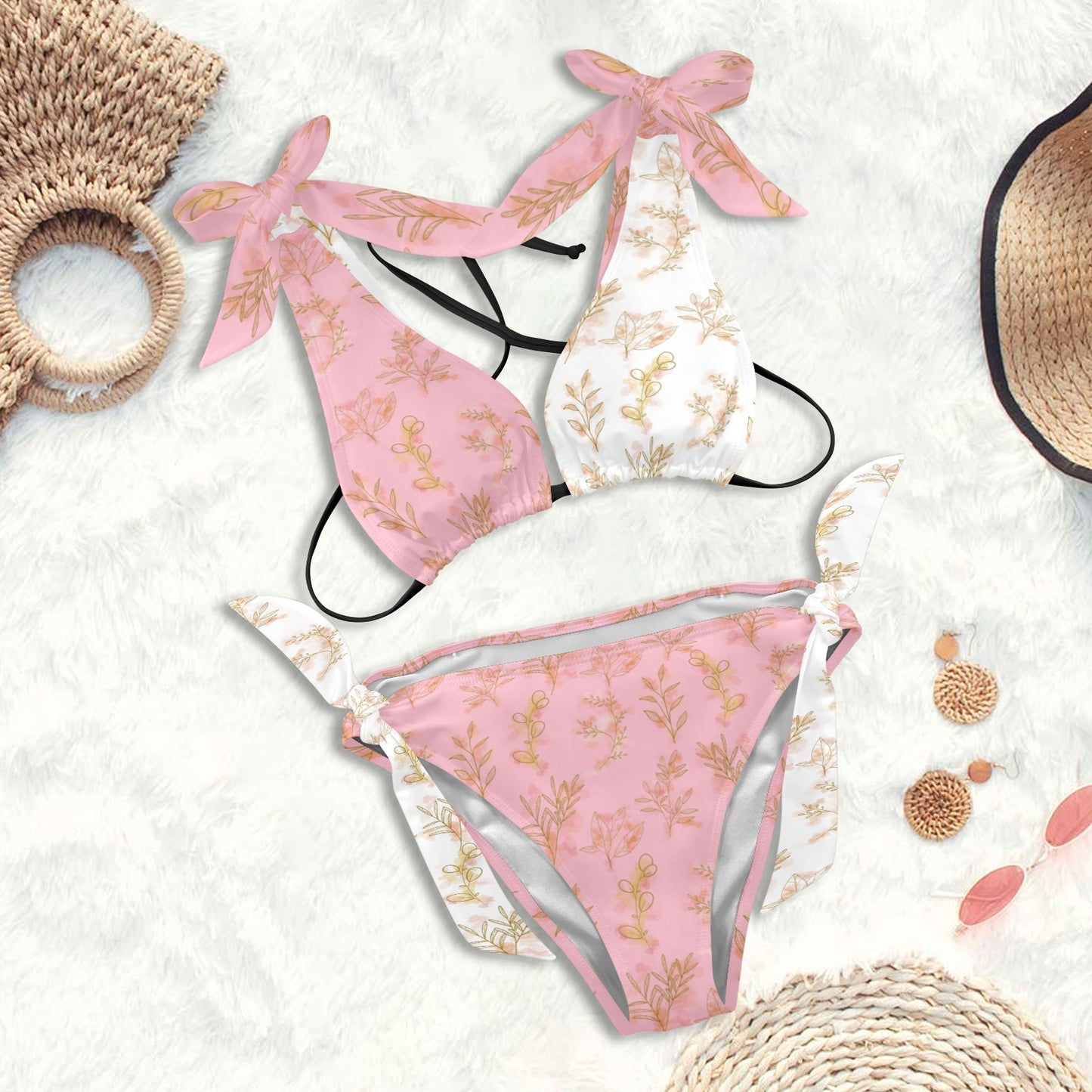 Gold Oriental Leaf Tie Shoulder Bikini Swimsuit