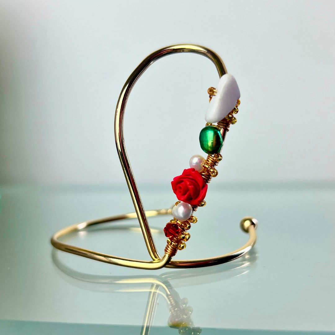 Rose and Freshwater Pearl Gold Thumb Ring Bracelet Cuff- Limited Edition