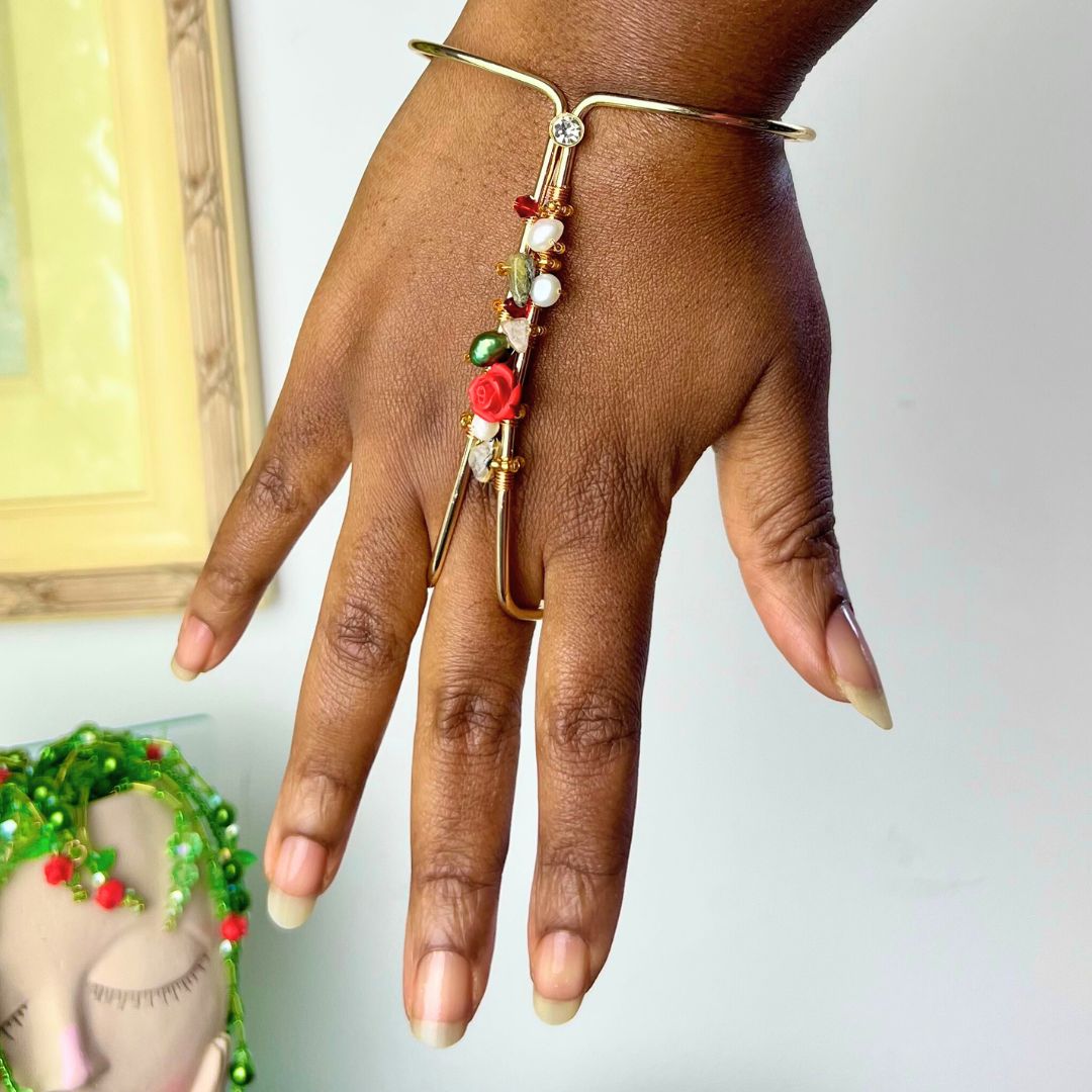 Rose and Freshwater Pearl Gold Ring Bracelet Cuff- Limited Edition